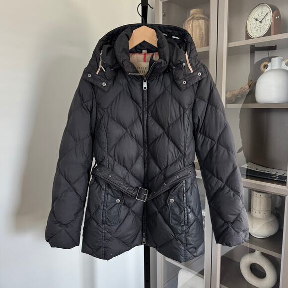 Burberry Jackets & Blazers - Burberry Black Quilted Goose Down Hood Belted Coat Small Nova Check Lined Jacket